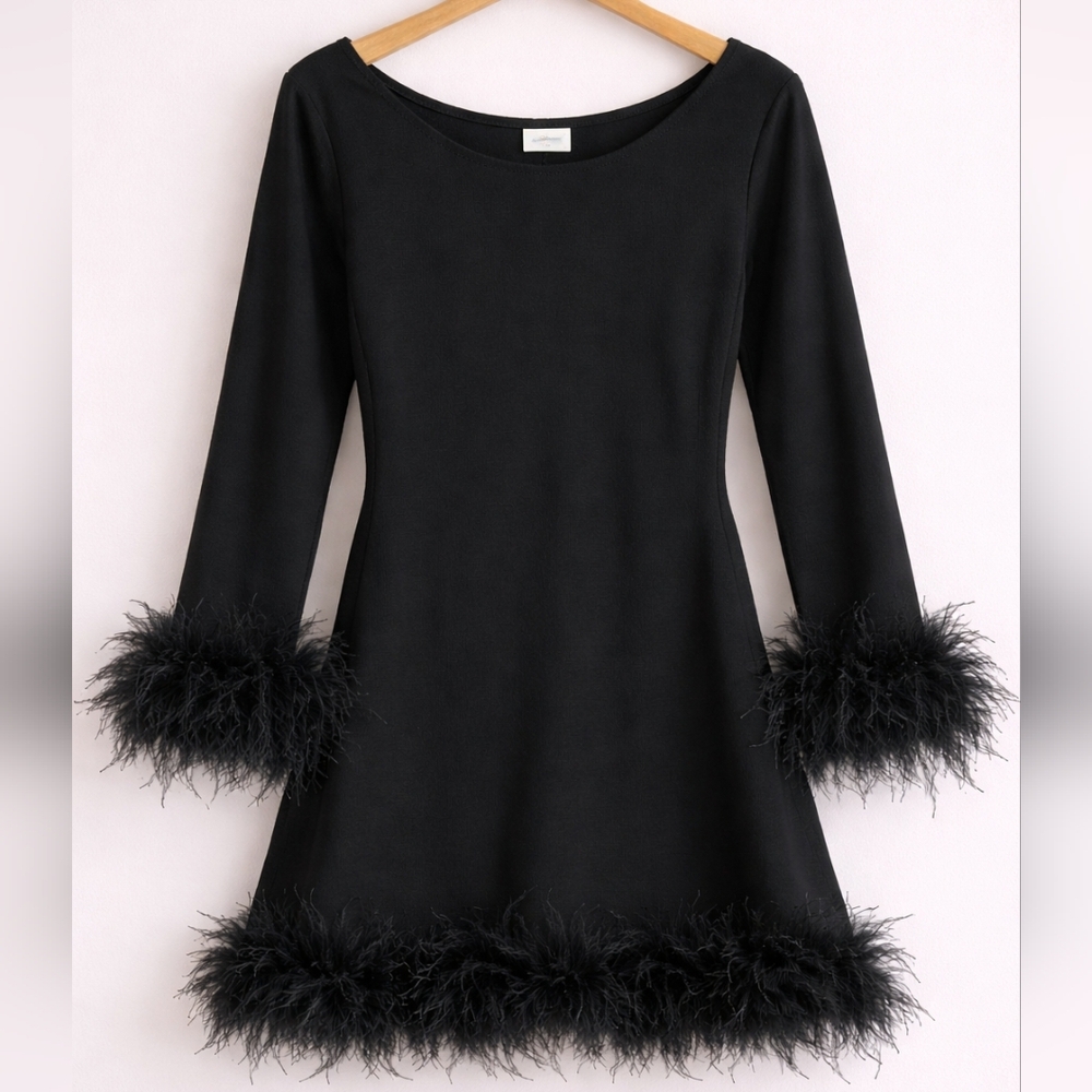 WAYF XL Black Feather Trim Mini Dress Glam Party Cocktail Holiday Dress